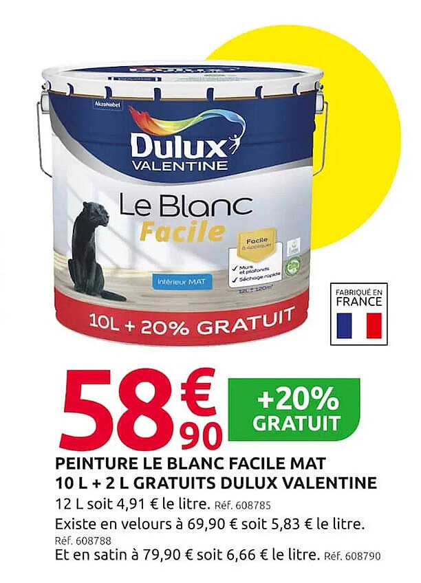 peinture le blanc facile mat 10 l + 2 l gratuits dulux valentine