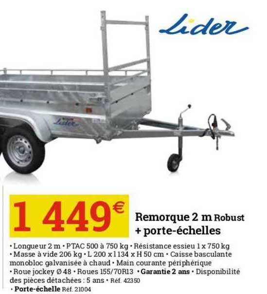 remorque 2 m robust + porte-échelles lider