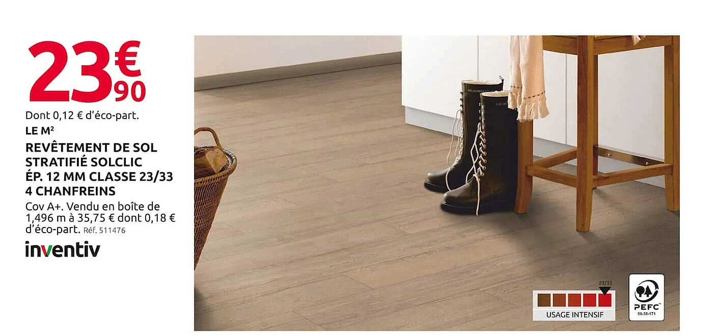revêtement de sol stratifié solclic ép. 12 mm classe 23/33 4 chanfreins inventiv