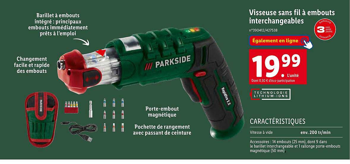visseuse sans fil à embouts interchangeables parkside