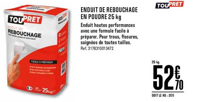 enduit de rebouchage en poudre 25kg toupret