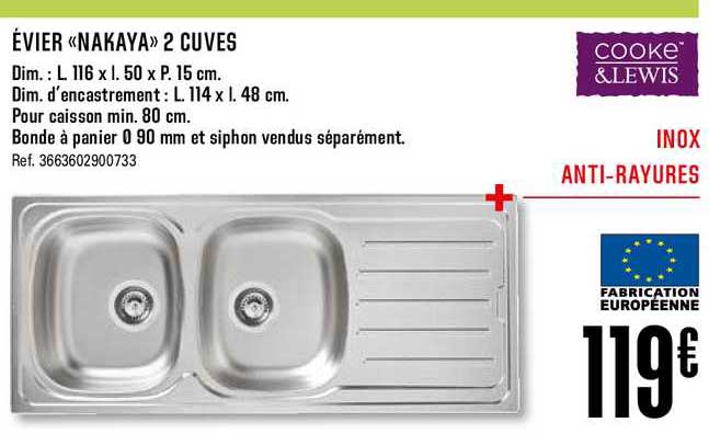 évier nakaya 2 cuves cooke&lewis