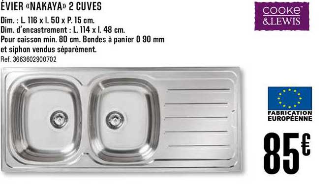 évier nakaya 2 cuves cooke&lewis