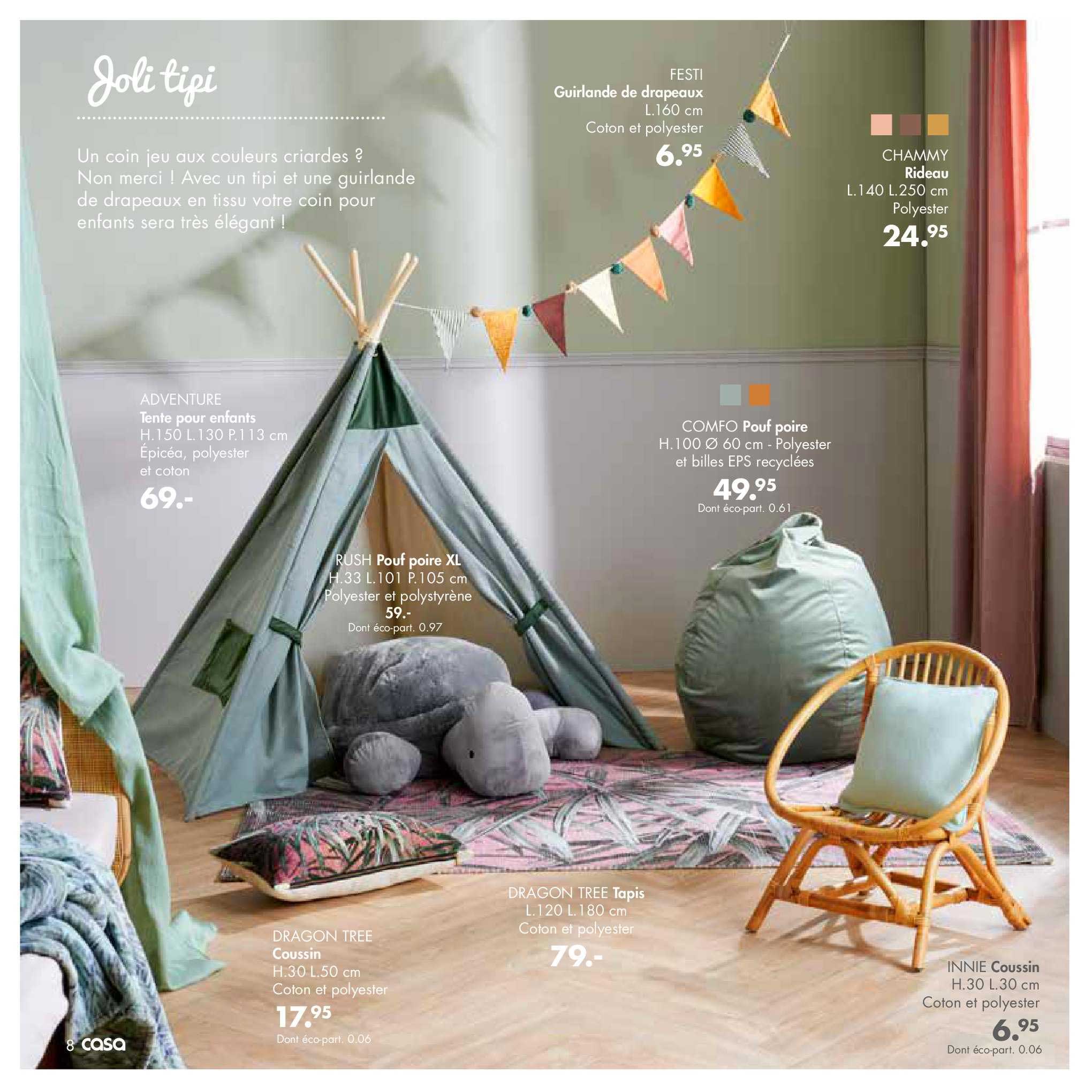 guirlande de drapeaux festi, rideau chammy, tente pour enfants adventure, pouf poire comfo, pouf poire rush, coussin, tapis, coussin innie