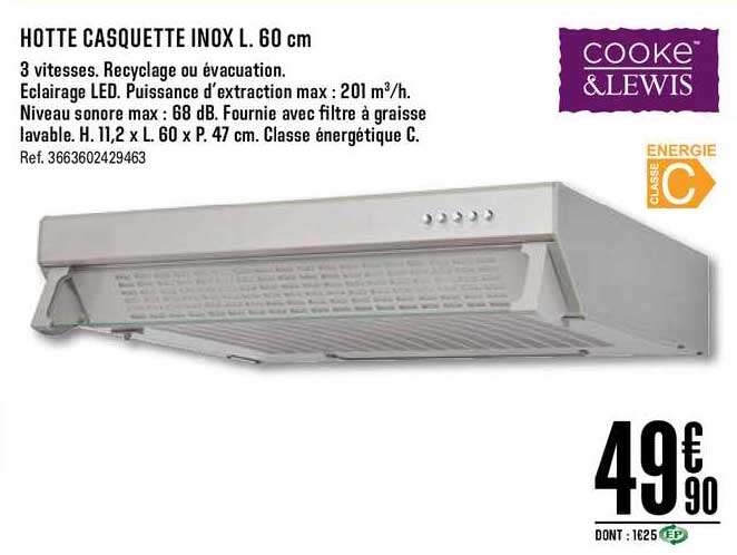 hotte casquette inox l. 60 cm cooke&lewis
