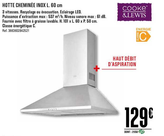 hotte cheminée inox l. 60 cm cooke&lewis