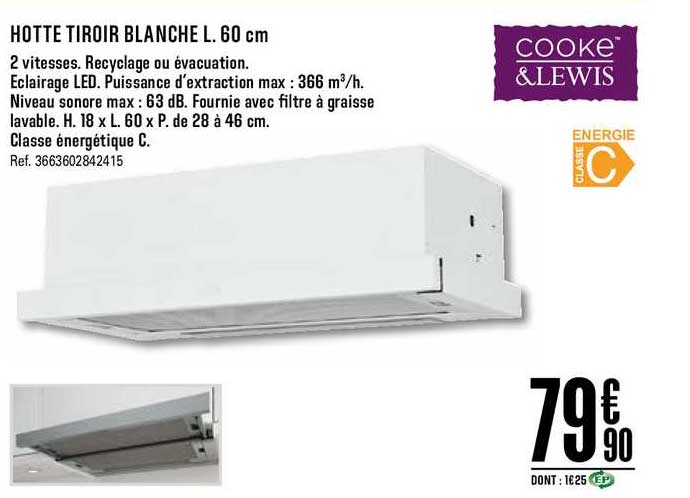 hotte tiroir blanche l.60 cm cooke&lewis
