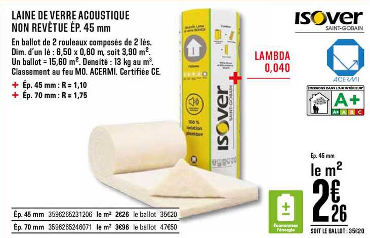 laine de verre acoustique non revêtue ép. 45 mm isover saint gobain