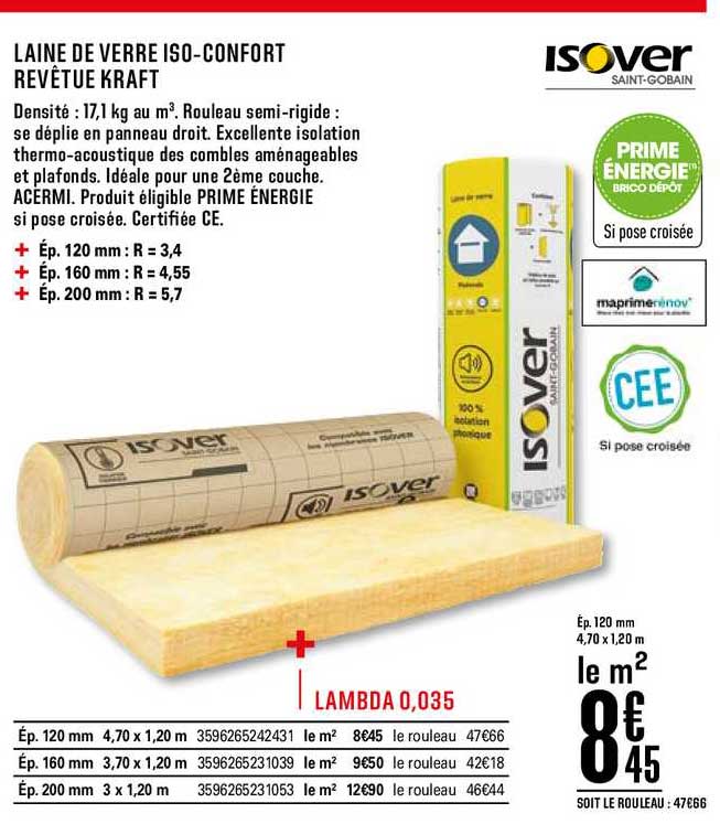 laine de verre iso confort revêtue kraft isover saint gobain