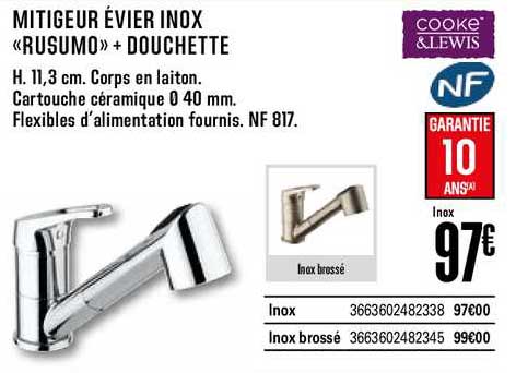 mitigeur évier inox rusumo + douchette cooke&lewis