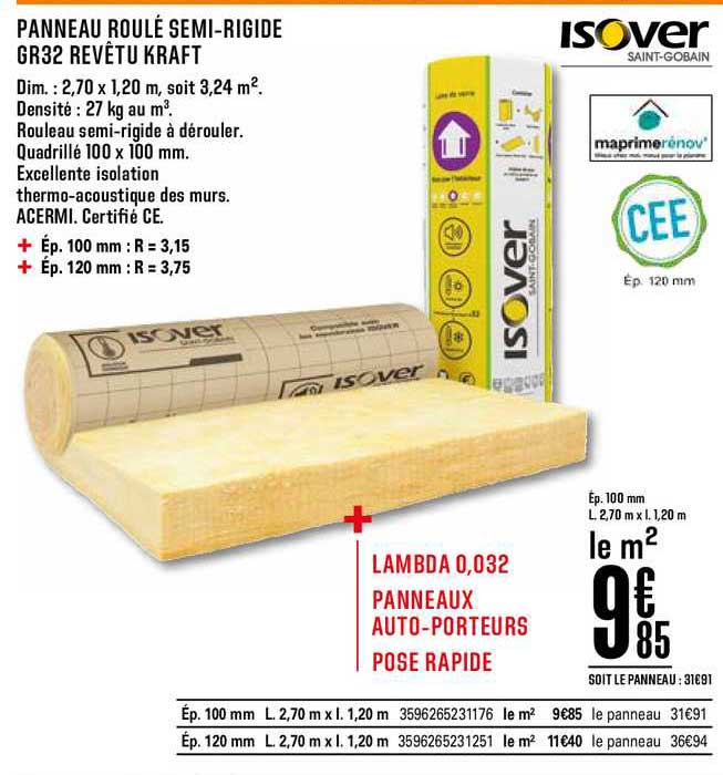 panneau roulé semi rigide gr32 revêtu kraft isover saint gobain