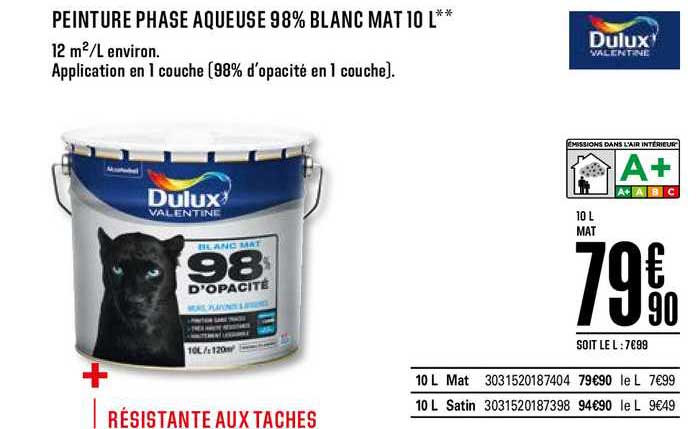 Peinture Phase Aqueuse 98% Blanc Mat 10 L Dulux Valentine