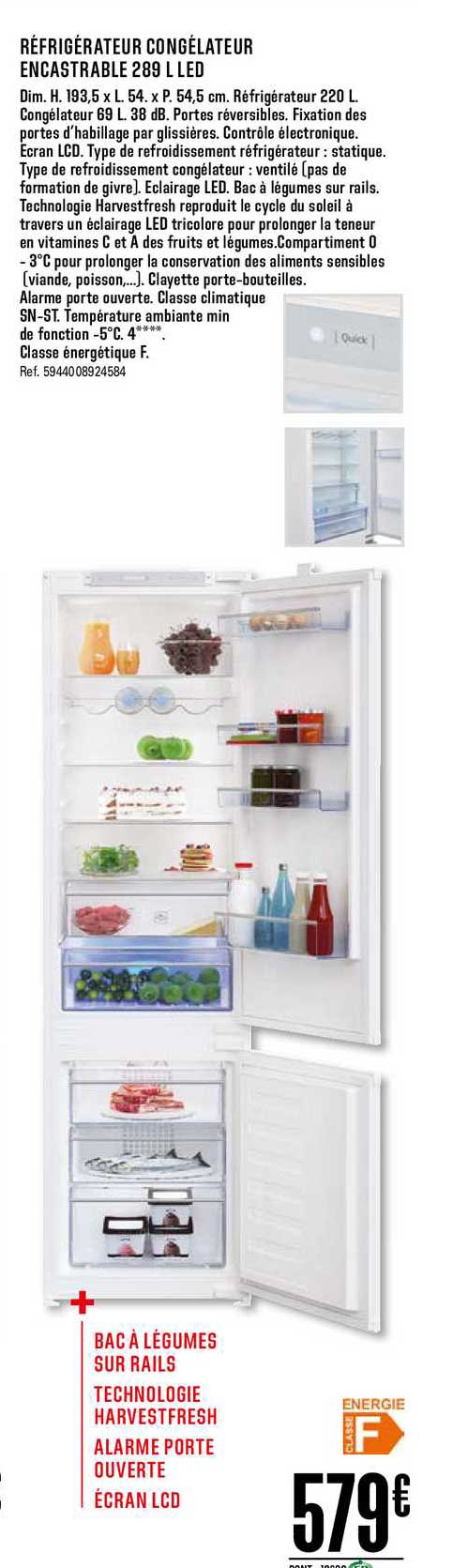 Réfrigérateur Congélateur Encastrable 289 L Led