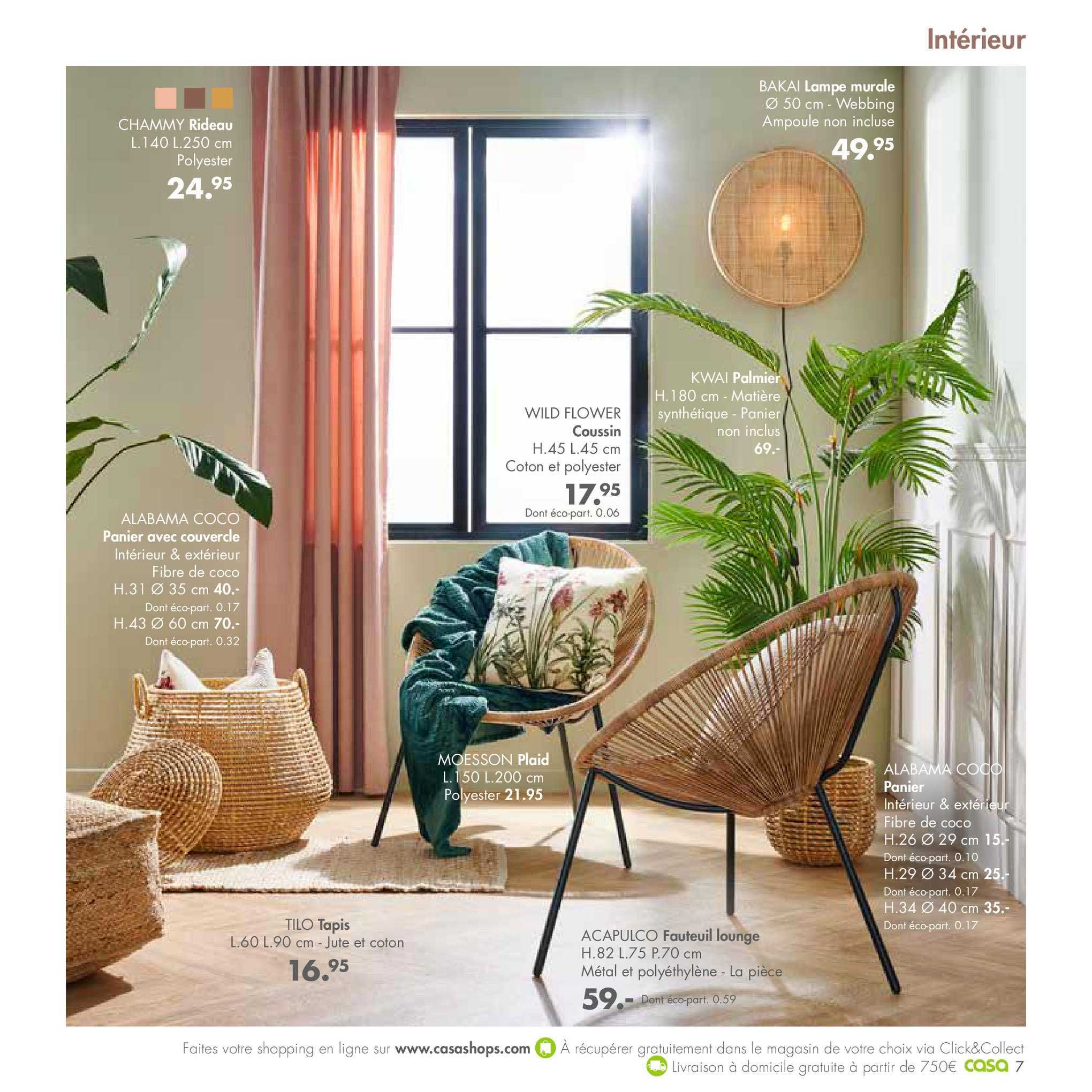 rideau chammy, lampe murale bakai, palmier kwai, panier avec couvercle alabama coco, tapis tro, fauteuil lounge acapulco, plaid moesson