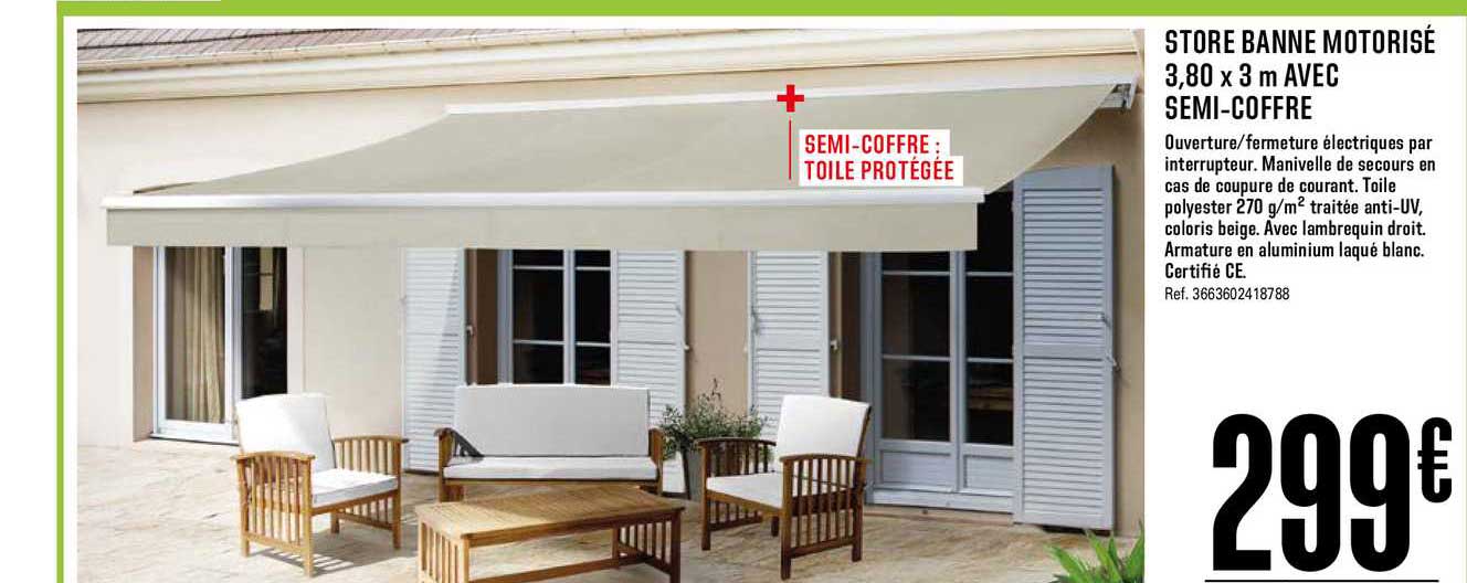 store banne motorisé 3,80 x3 m avec semi coffre