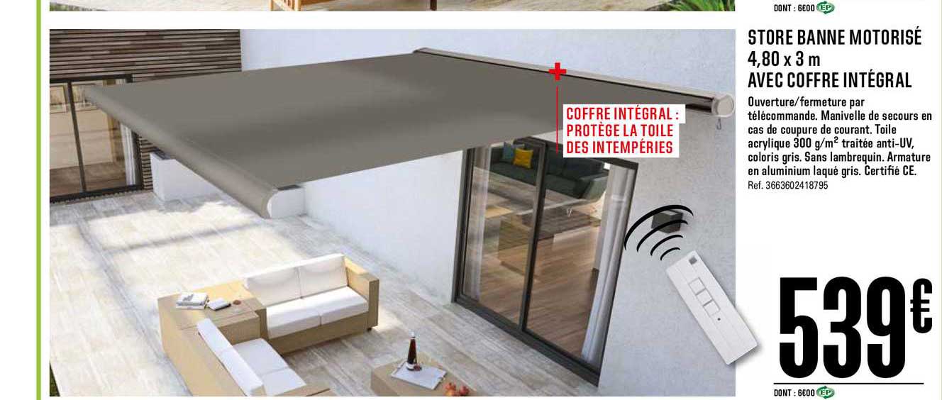 store banne motorisé 4.80 x 3 m avec coffre intégral