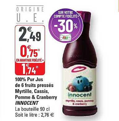 100% pur jus de 6 fruits pressés myrtille, cassis, pomme & cranberry innocent