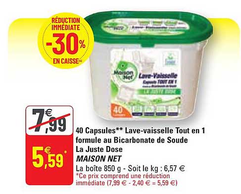 40 capsules lave-vaisselle tout en 1 formule au bacarbonate de soude la juste dose maison net