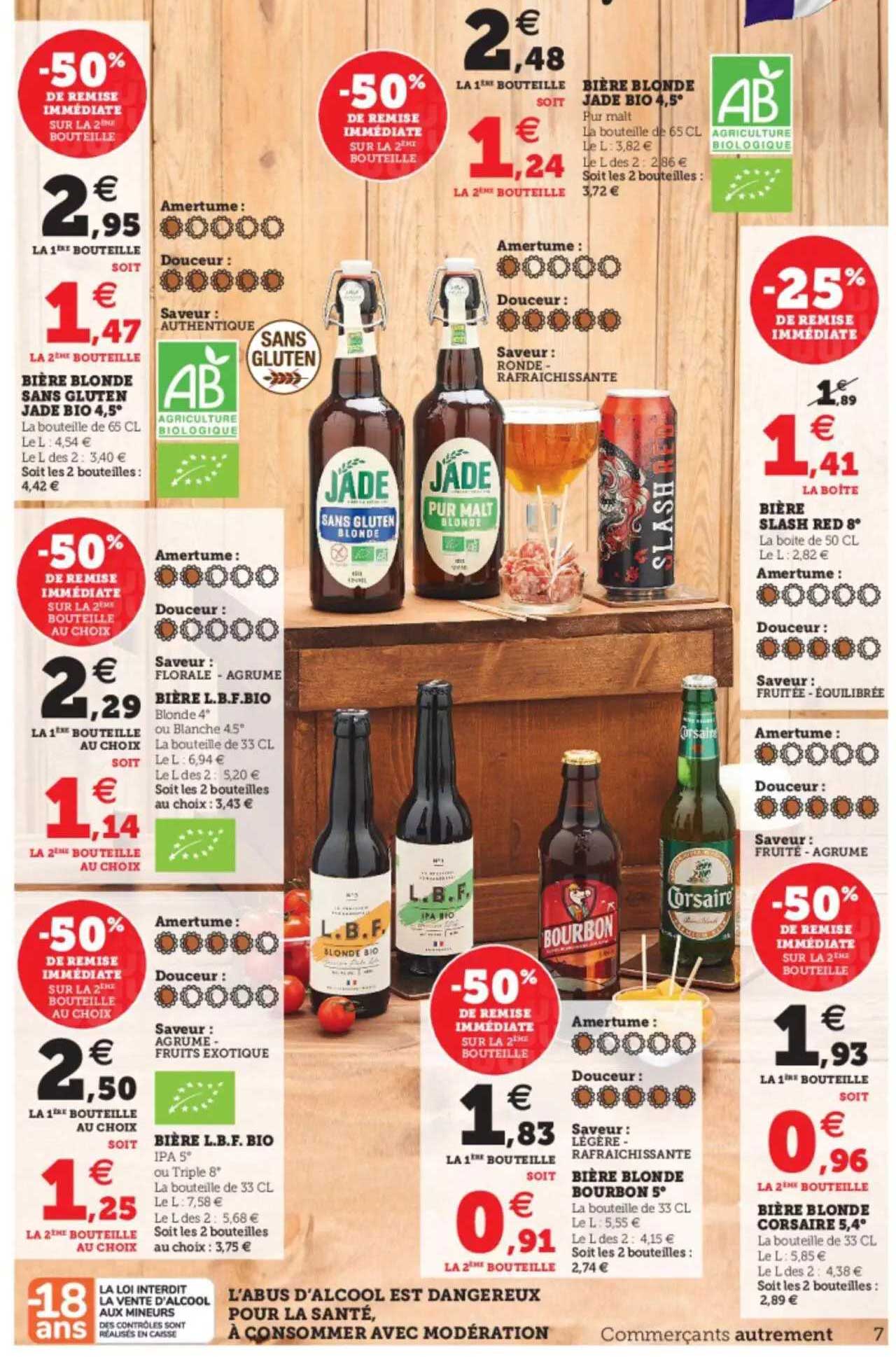 bière blonde sans gluten jade bio 4,5°, bière l.b.f. bio, bière blonde bourbon 5°, bière blonde corsaire 5,4°, bière slash red 8°, bière blonde jade bio 4,5°