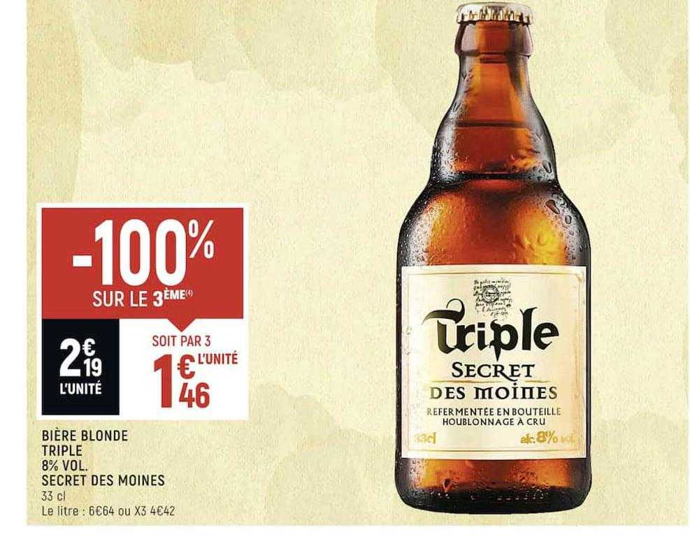 bière blonde triple 8% vol. secret des moines -100% sur le 3ème