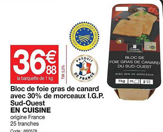 bloc de foie gras de canard avec 30% de morceaux i.g.p. sud-ouest en cuisine
