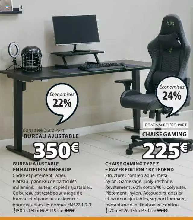 bureau ajustable en hauteur slangerup, chaise gaming type z - razer edition by legend