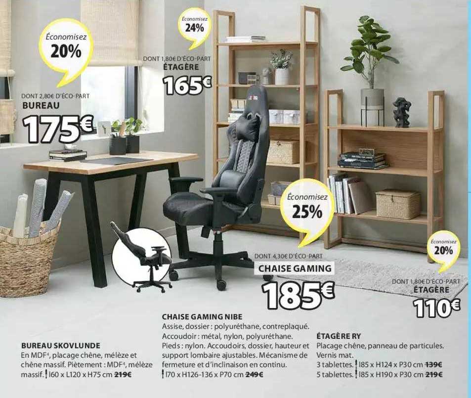 Bureau Skovlunde, Chaise Gaming Nibe, étagère Ry