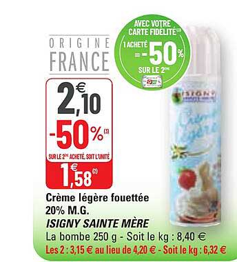 crème légère fouettée 20% m.g. isigny sainte mère