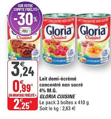 lait demi-écrémé concentré non sucré 4% m.g. gloria cuisine