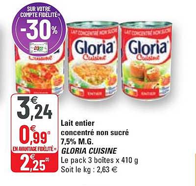 lait entier concentré non sucré 7,5% m.g. gloria cuisine
