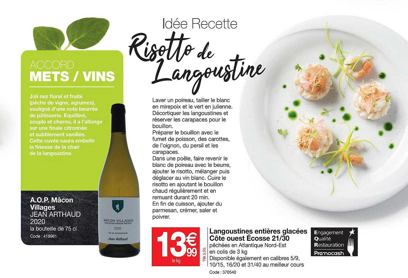 a.o.p. mâcon villages jean arthaud 2020, langoustines entières glacées côte ouest écosse 21-30