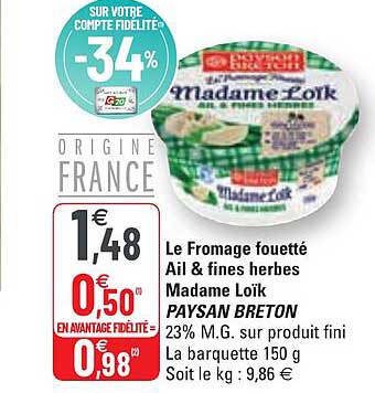 Le Fromage Fouetté Ail & Fines Herbes Madame Loïk Paysan Breton