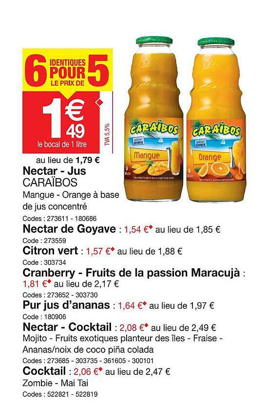 nectar - jus caraïbos, nectar de goyave, citron vert, cranberry - fruits de la passion maracujà, pur jus d'ananas, nectar - cocktail, cocktail