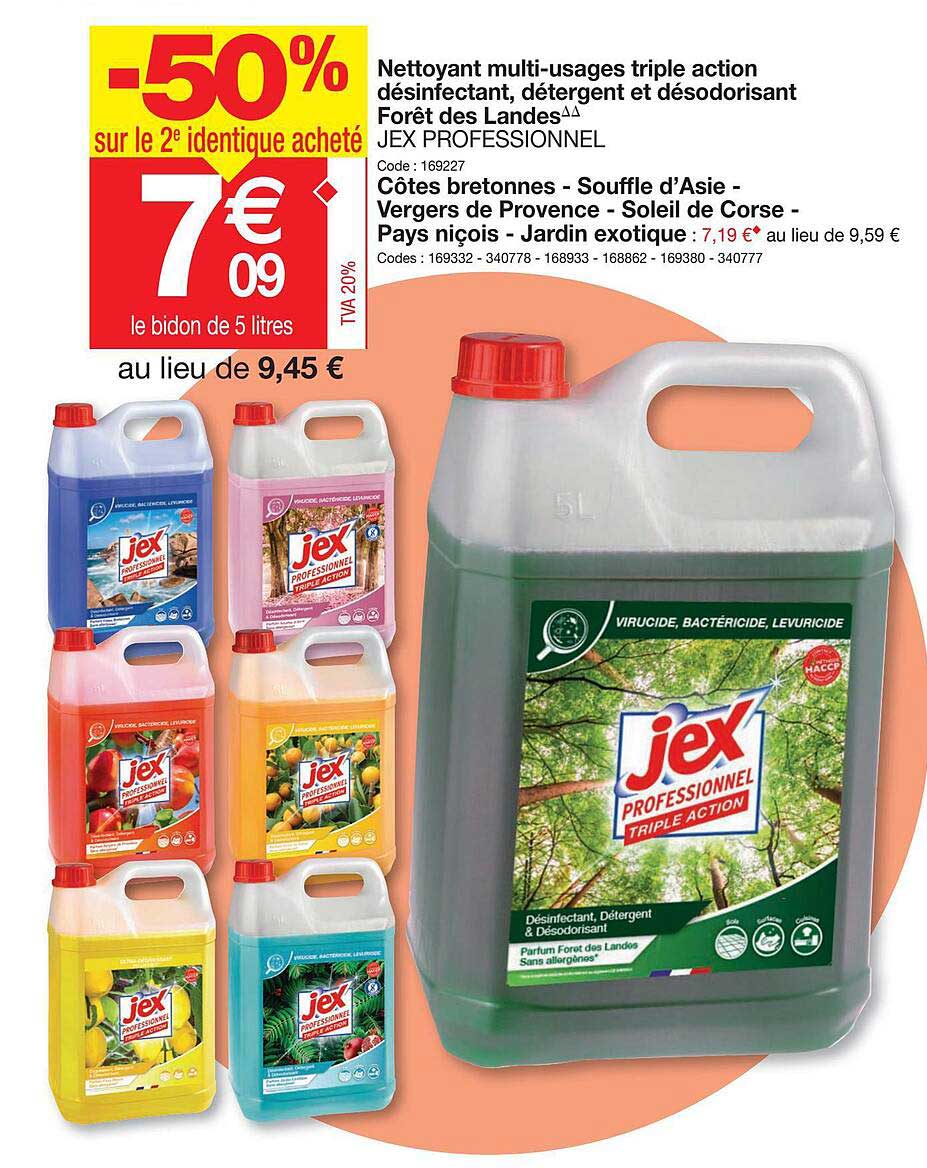 nettoyant multi-usages triple action désinfectant, détergent et désodorisant forêt des landes jex professionnel, côtes bretonnes - souffle d'asie - vergers de provence - soleil de corse - pays niçois