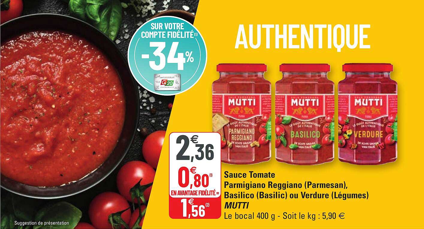 sauce tomate parmigiano reggiano (parmesan), basilico (basilic) ou verdure (légumes) mutti