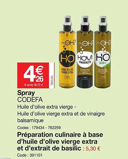 spray codefa, préparation culinaire à base d'huile d'olive vierge extra et d'extrait de basilic