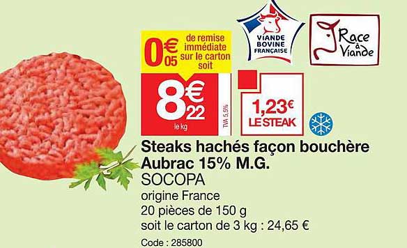 steaks hachés façon bouchère aubrac 15% m.g. socopa