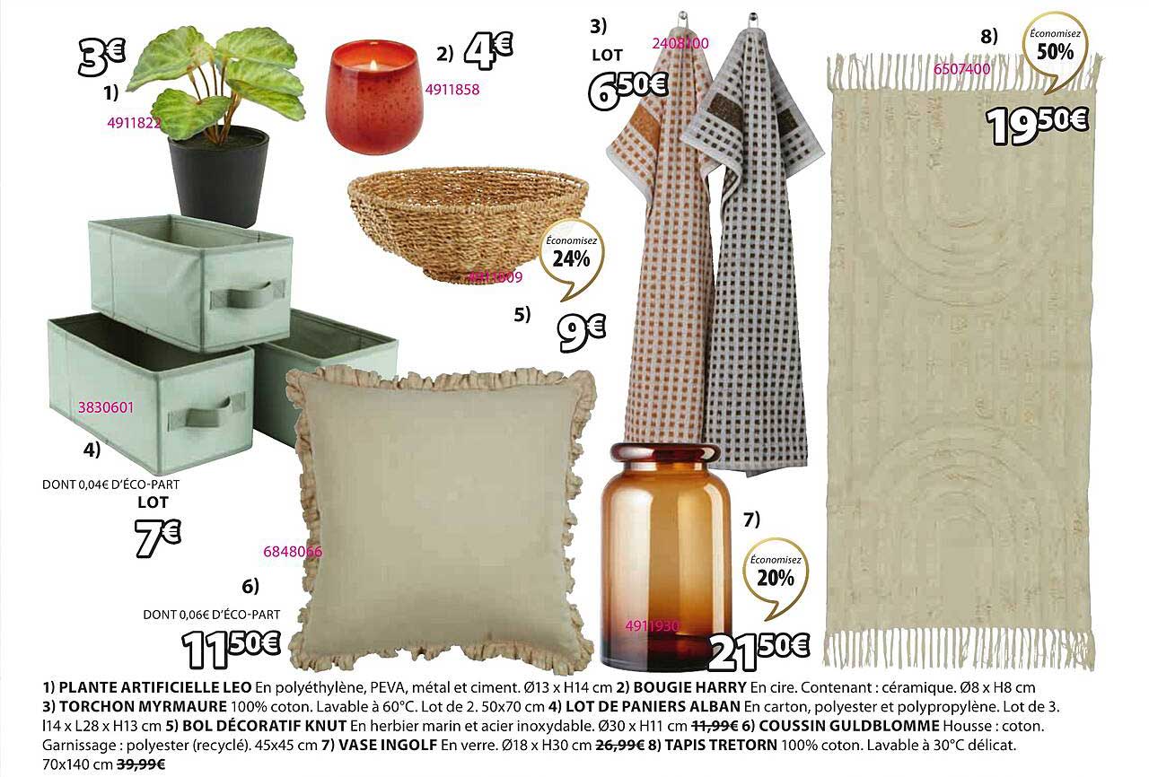 plante artificielle léo, bougie harry, torchon myrmaure, lot de paniers alban, bol décoratif knut, coussin guldblomme, vase ingolf, tapis tretorn