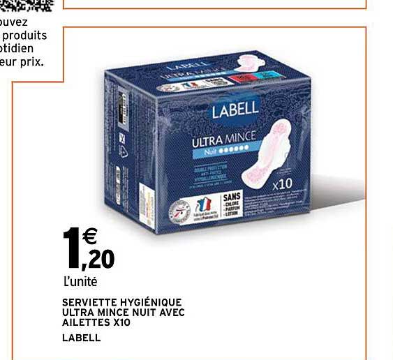 serviette hygiénique ultra mince nuit avec ailettes x 10 labell