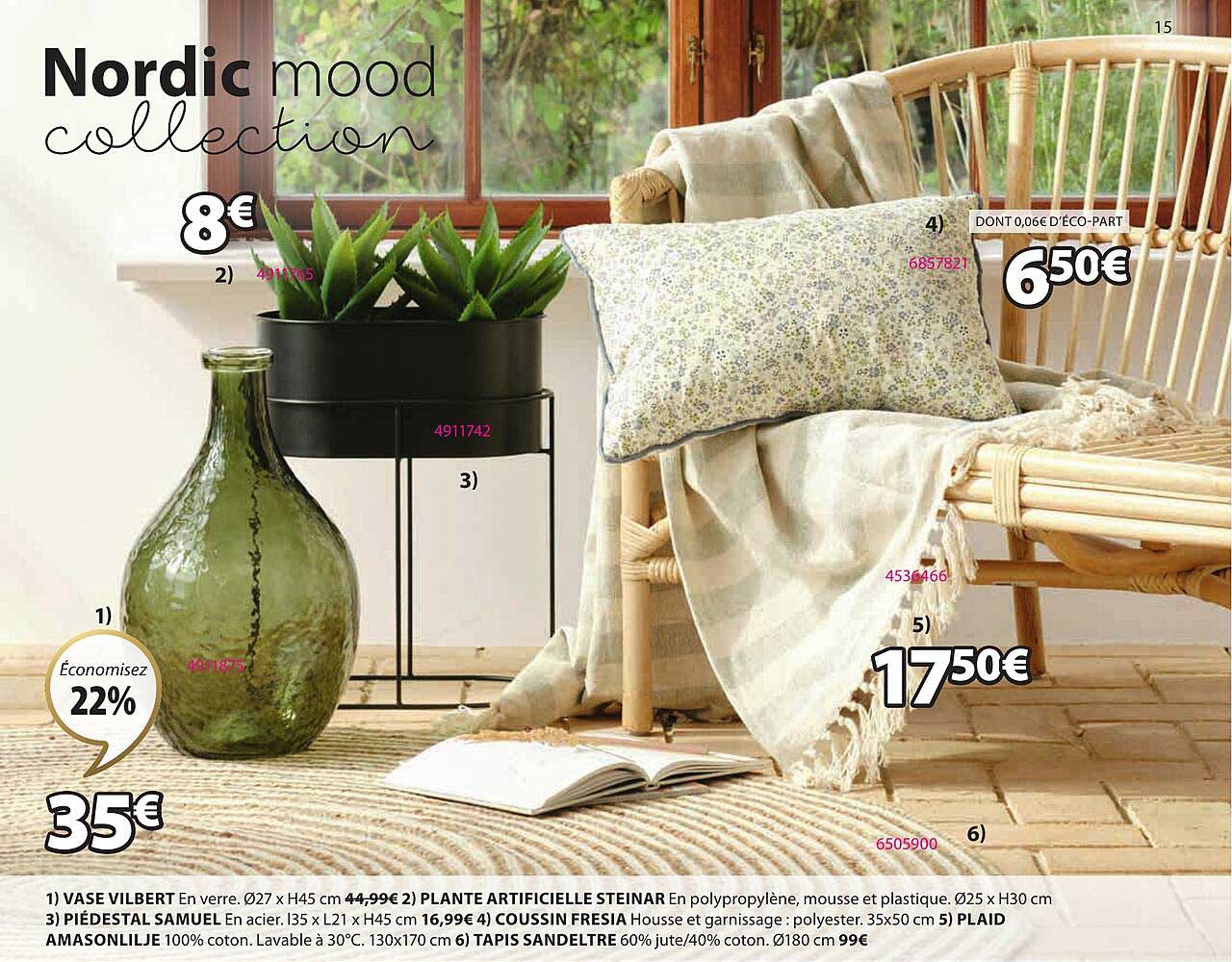 vase vilbert, plante artificielle steinar, piédestal samuel, coussin fresia, plaid amasonlilje, tapis sandeltre