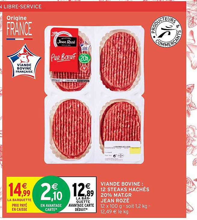 viande bovine : 12 steaks hachés 20% mat.gr. jean rozé