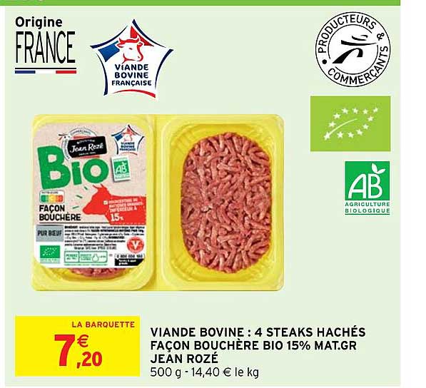 viande bovine : 4 steaks hachés façon bouchère bio 15% mat.gr. jean rozé