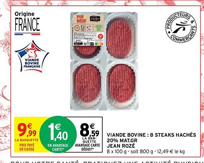 viande bovine : 8 steaks hachés 20% mat.gr. jean rozé