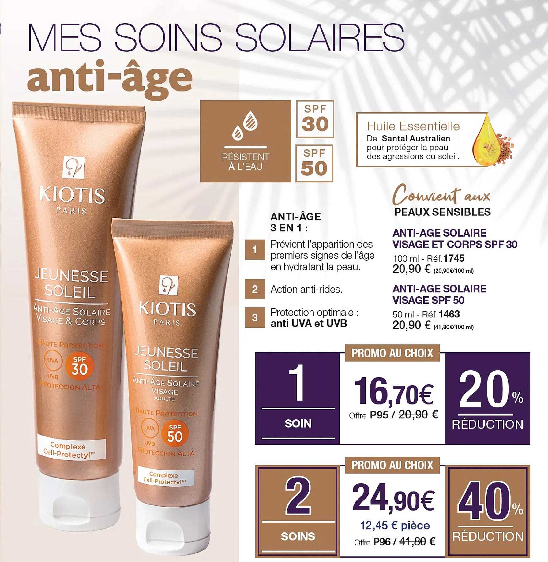anti-âge 3 en 1 kiotis, anti-âge solaire visage et corps spf 30 kiotis, anti-âge solaire visage spf 50 kiotis