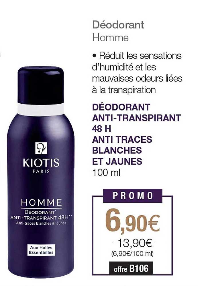 déodorant anti-transpirant 48h anti traces blanches et jaunes kiotis