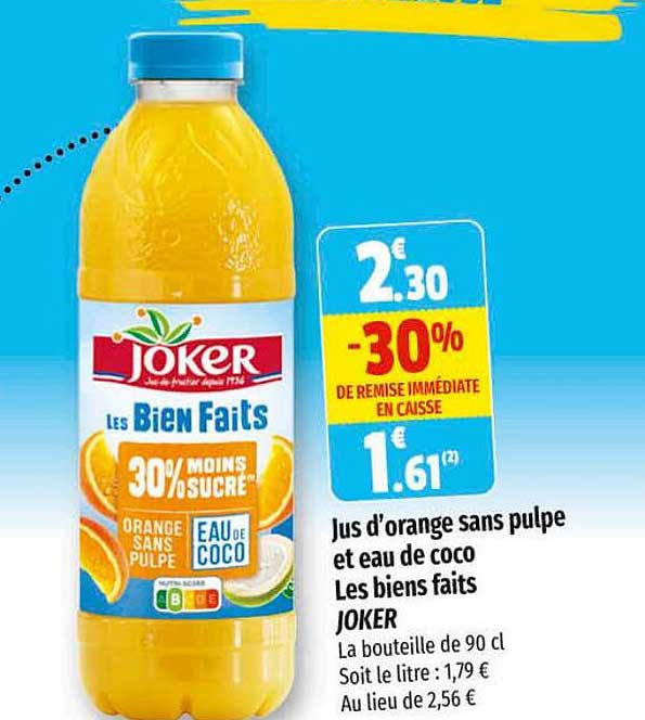 jus d'orange sans pulpe et eau de coco les biens faits joker