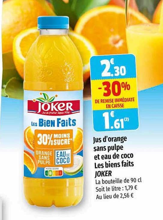 jus d'orange sans pulpe et eau de coco les biens faits joker