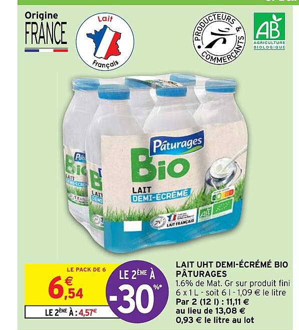lait uht demi-écrémé bio pâturages