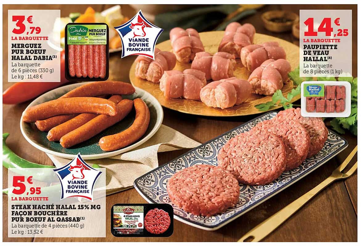 merguez pur bœuf halal dabia, steak haché halal 15% mg façon bouchère pur bœuf al qassab, paupiette de veau halal