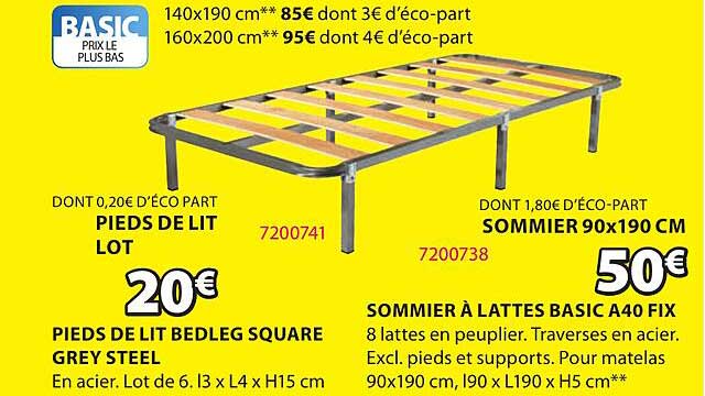 pieds de lit bedleg square grey steel, sommier à lattes basic A40 fix